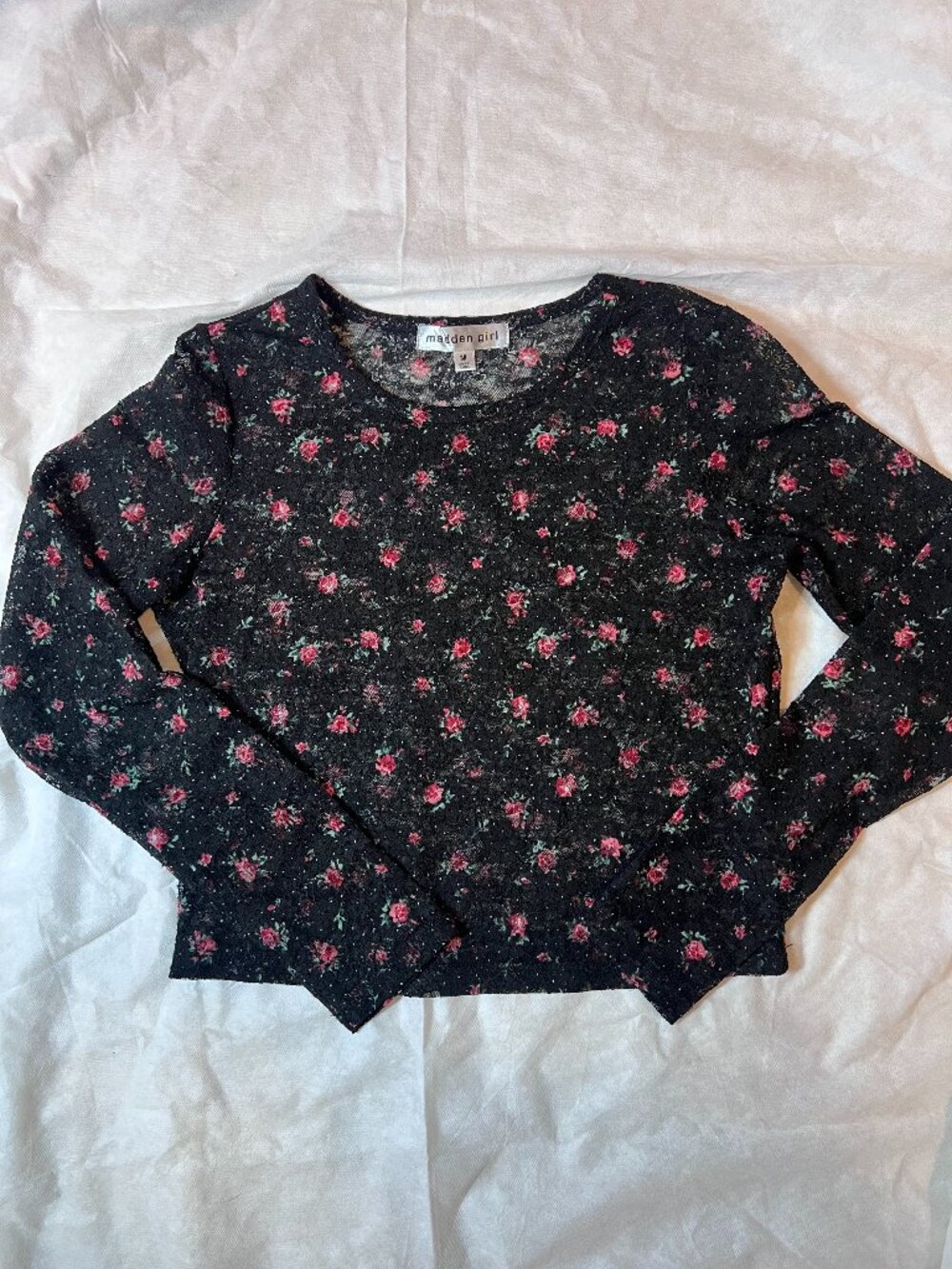 Madden Girl Black Floral Pointelle Mesh Long Sleeve Top Pointelle Dots Blouse M
